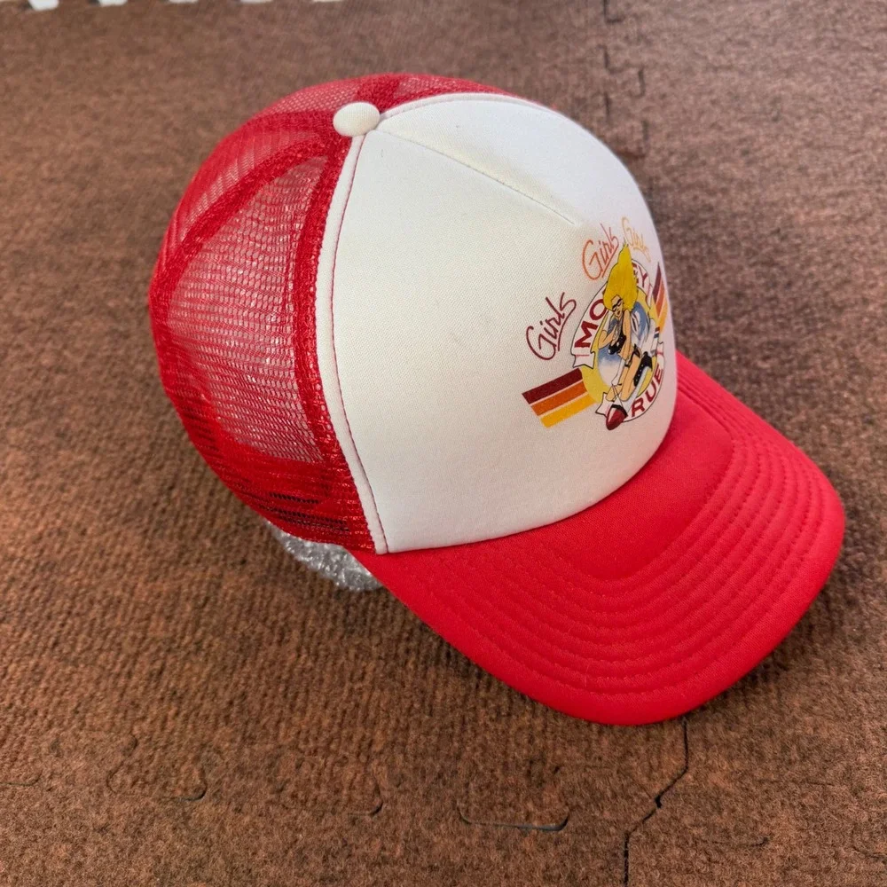 A+ Motley Crue Girls Girls Girls Trucker Hat Red White Snapback Rock Band Cap